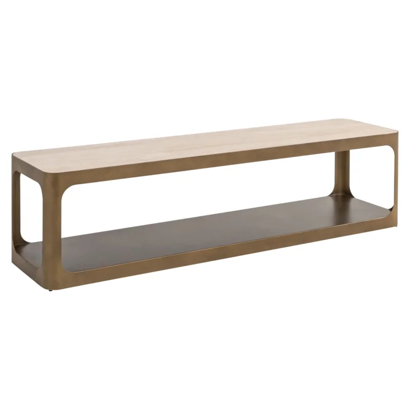 TV-Schrank Claridge in Beige, Gesamtansicht mit heller Holzplatte oben, offenen Seitengriffen und einer unteren Ablagefläche.