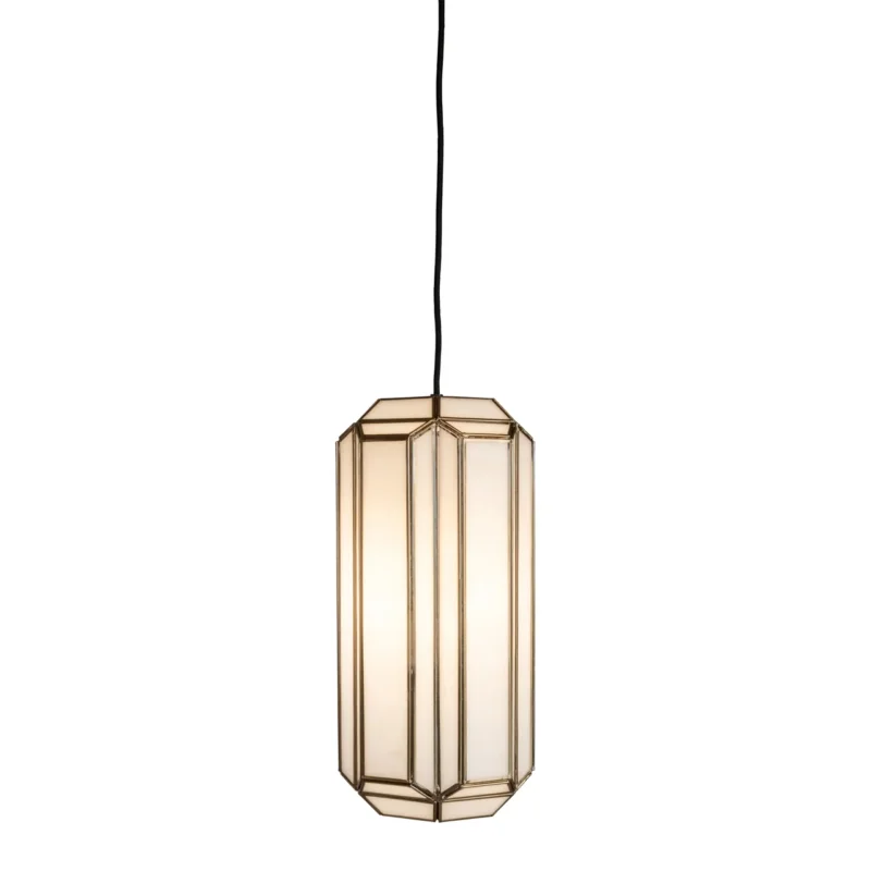 Pendelleuchte Elona brass antique mit achteckigem Glaskörper und messingfarbenem Metallgestell in Gesamtansicht.