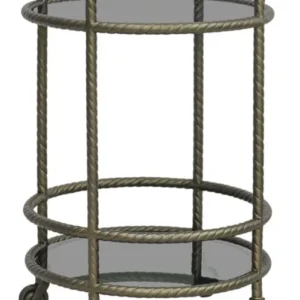 Servierwagen Macallan Brass Antique mit geschwungenem Eisengestell und zwei Glasablage in Gesamtansicht.