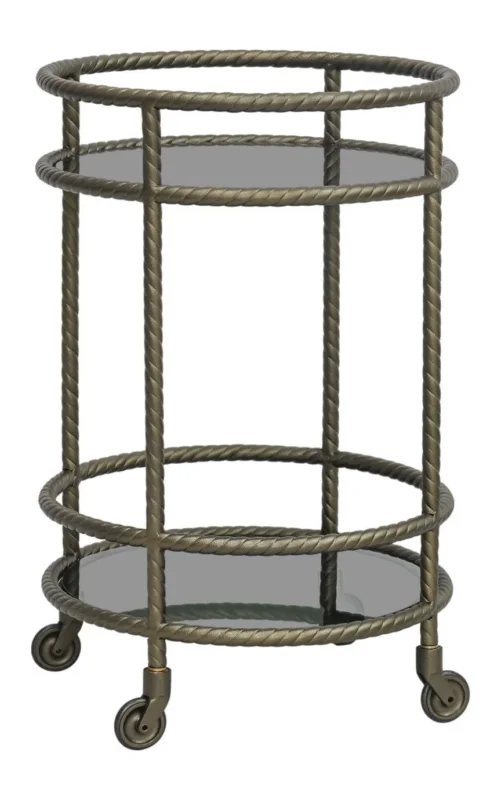 Servierwagen Macallan Brass Antique mit geschwungenem Eisengestell und zwei Glasablage in Gesamtansicht.