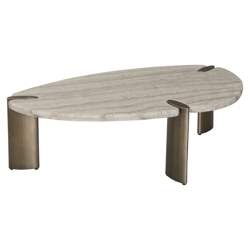 Couchtisch Arcadia grey mit ovalem Travertinplatte und zylindrischem Metallgestell in Gesamtansicht.