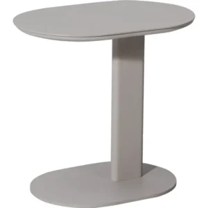 Outdoor Beistelltisch Quinn mit ovaler, beiger Tischplatte aus Aluminium und Mittelsäule in Gesamtansicht.