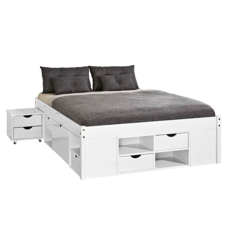 Funktionsbett TILL 180x200 Kiefer Massivholz Weiß mit Schubladen