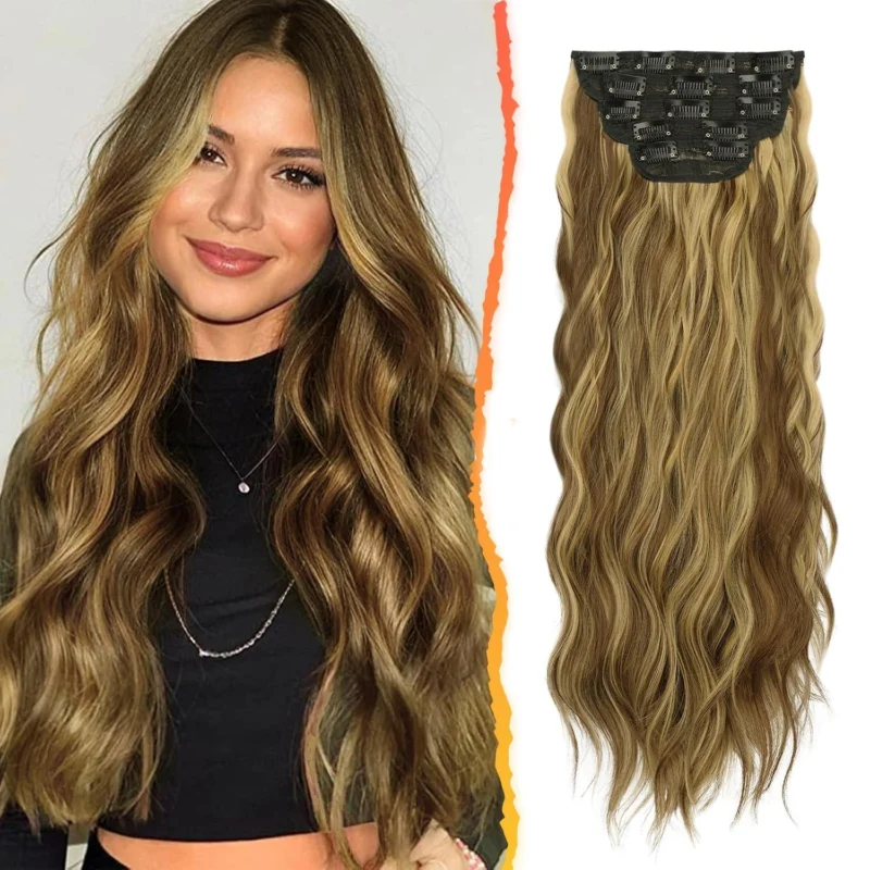 Clip in Haarverlängerungen Wellig Goldblond 50cm Highlights