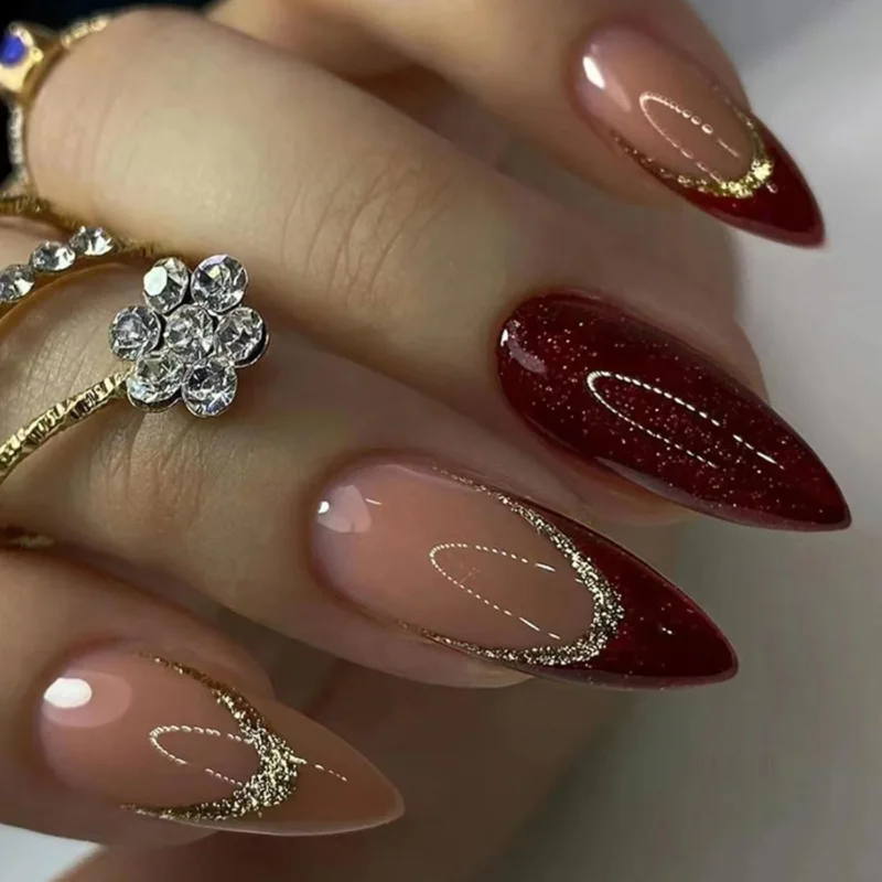 24er Set Französische Weinrot Mandel Nägel Aufkleben Glänzend Stiletto