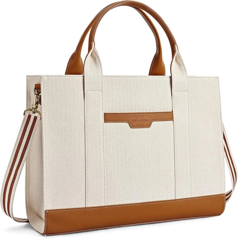 Aktentasche Damen Canvas-Laptoptasche 15,6 Zoll Schwarz Beige