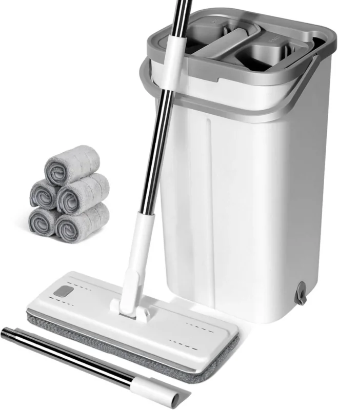 Wischmopp Set mit Eimer und 5 Mikrofaser Moppkopf