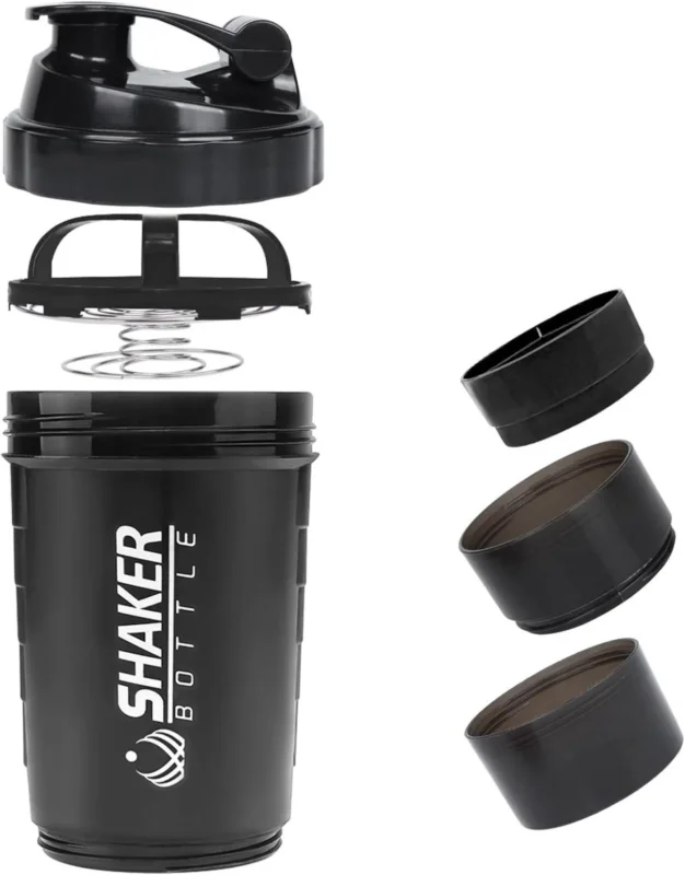 Protein Shaker 500ml mit Edelstahl-Kugel, auslaufsicher, Schwarz
