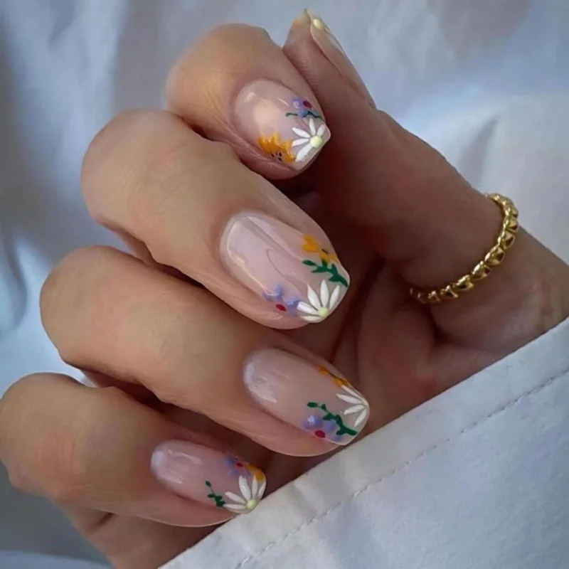 24er Set Weiß Blumen Eckig Nägel Aufkleben Design Glossy Kunstnägel