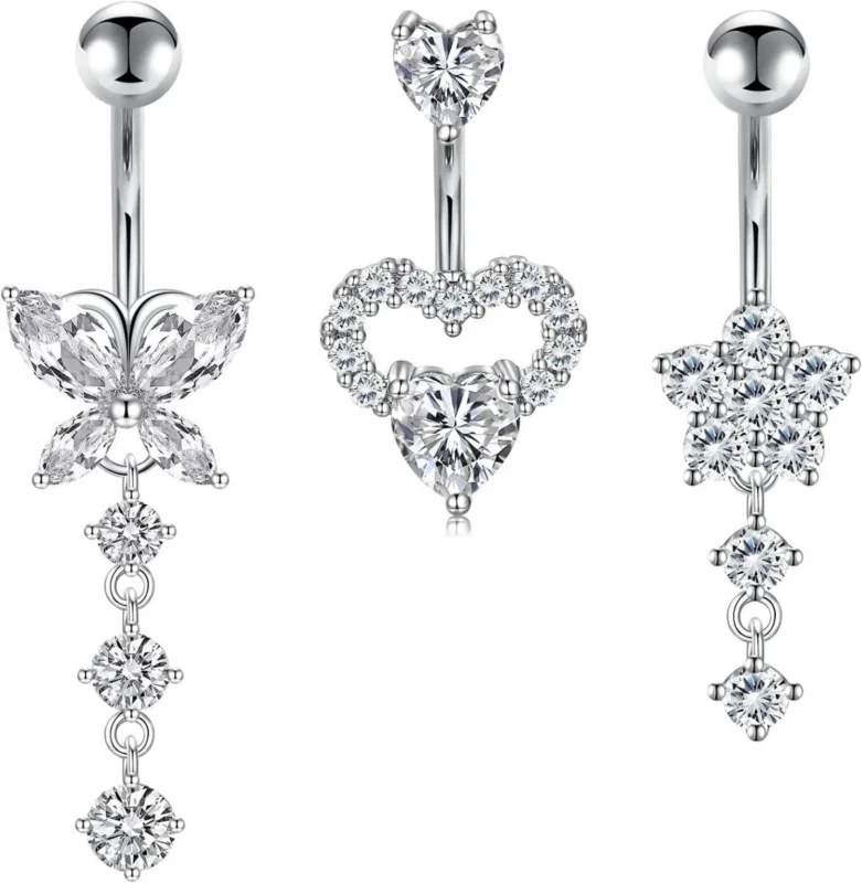 3er Set Bauchnabelpiercing Herz Schmetterling Diamant - Silber Gold
