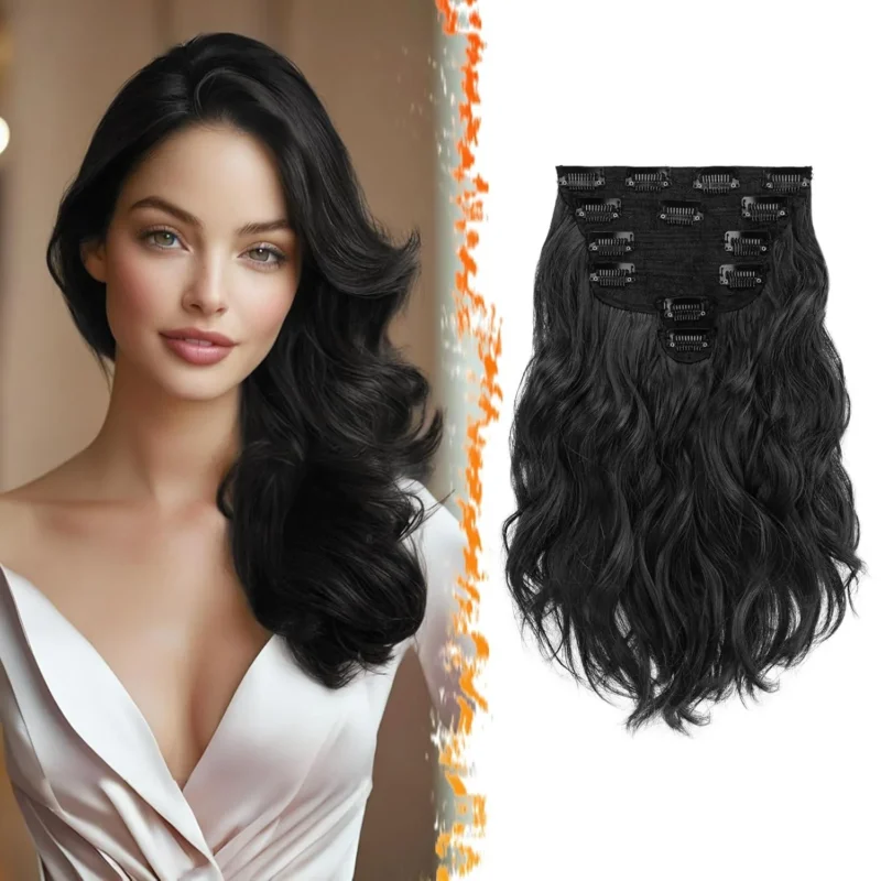 Clip in Haarverlängerung Schwarz 30cm Wellige Extensions 6PCs
