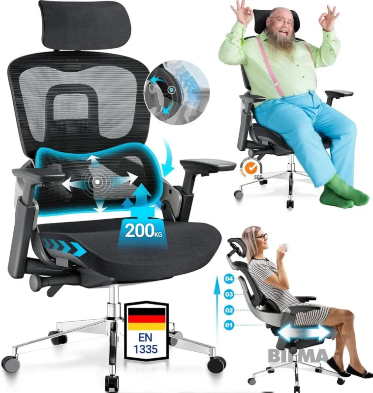Bürostuhl 200KG Dynamische Lordosenstütze 4D-Armlehnen Schwarz