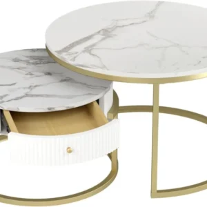 Runder Couchtisch Weiß mit Stauraum 2er Set Marmor Gold