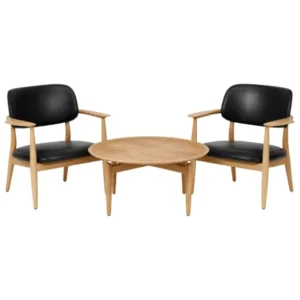 Stellar Works 2 Stk. Slow Lounge-Sessel in Eiche und schwarzem Leder, inkl. Couchtisch in Eiche