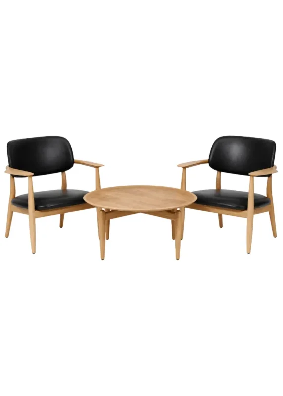 Stellar Works 2 Stk. Slow Lounge-Sessel in Eiche und schwarzem Leder, inkl. Couchtisch in Eiche