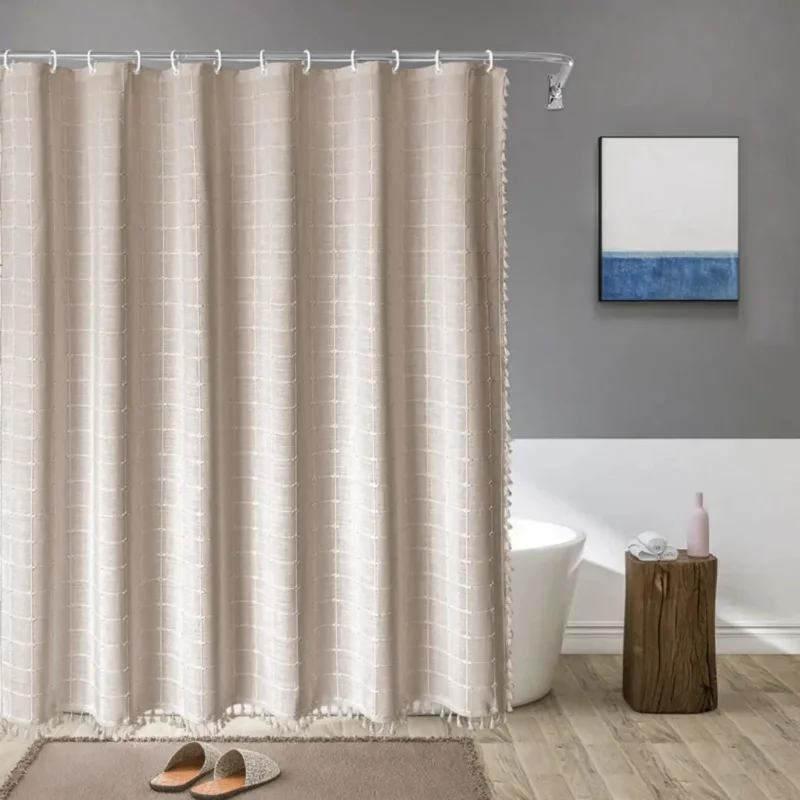 Duschvorhang aus Leinen im Boho-Stil mit Quasten und wasserdichtem Design