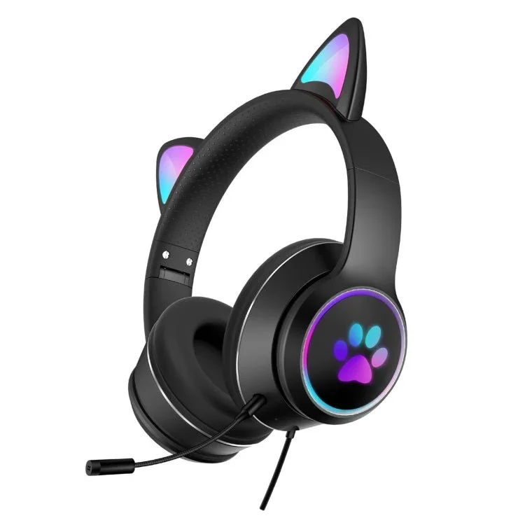 Brehn | AKZ-022 USB + 3.5mm Port Katzenohr Design Faltbares LED Headset mit Mikrofon (Schwarz)