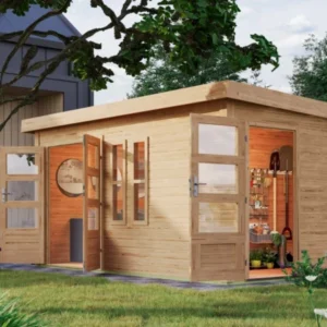 Karibu Gartenhaus “Schönbuch 2” Flachdach zum Wohnen mit zwei Räumen modern aus Holz in Natur