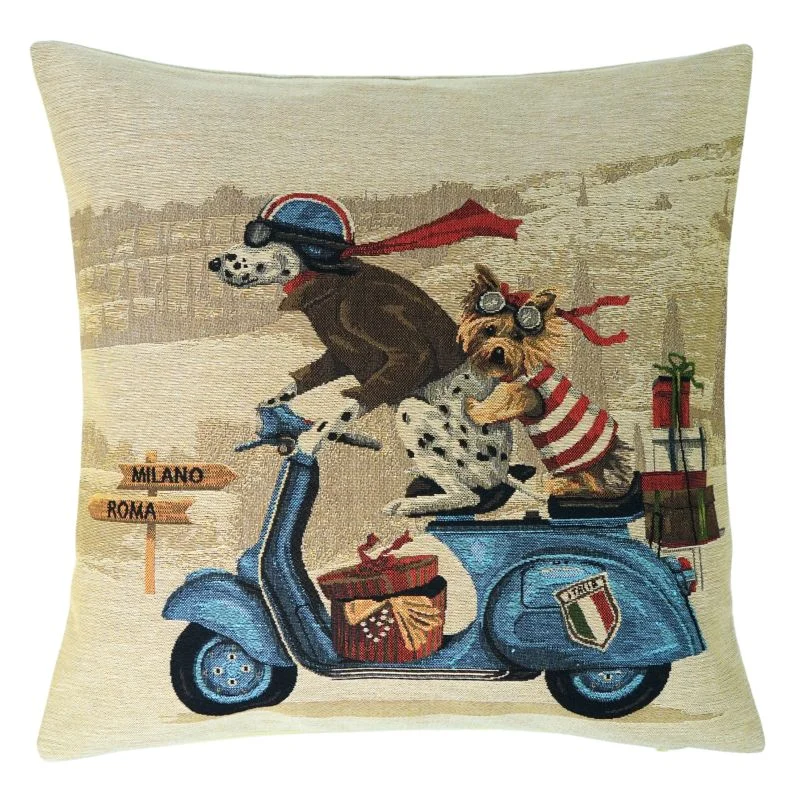 Gobelin Kissen Zwei Hunde auf blauem Scooter