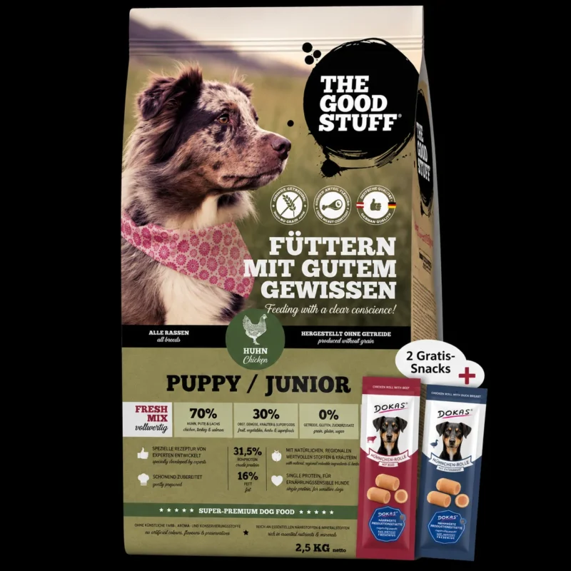The Goodstuff Dog Puppy & Junior Huhn+ 2 Gratis-Snacks