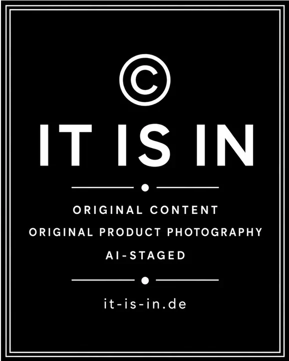 Schwarzes Copyright-Signet von IT IS IN mit Hinweis auf Original Content, Original Product Photography und AI-Staged