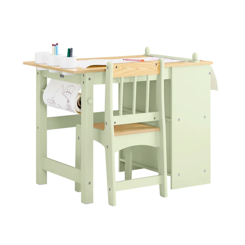 SoBuy | Kindertisch mit 1 Stuhl | Kindersitzgruppe | mit 1 Papierrollenhalter | Maltisch für Kinder | Grün | KMB60-GR
