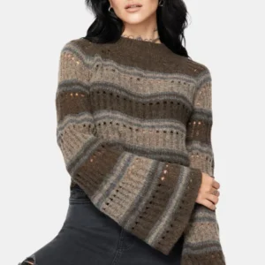 Splinter Streifen Gestrickt Ausgestellt Ärmel Kurz Pullover - Braun