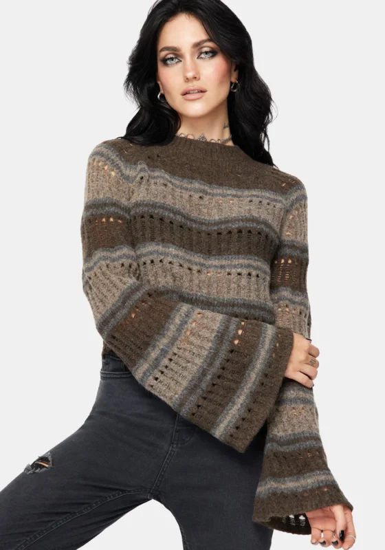 Splinter Streifen Gestrickt Ausgestellt Ärmel Kurz Pullover - Braun