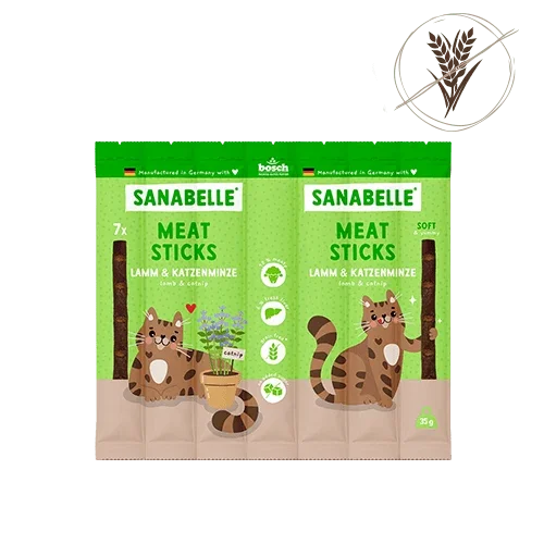 Sanabelle Meat Sticks Lamm & Katzenminze cat treats, grain-free lamb and catnip soft snacks in green packaging