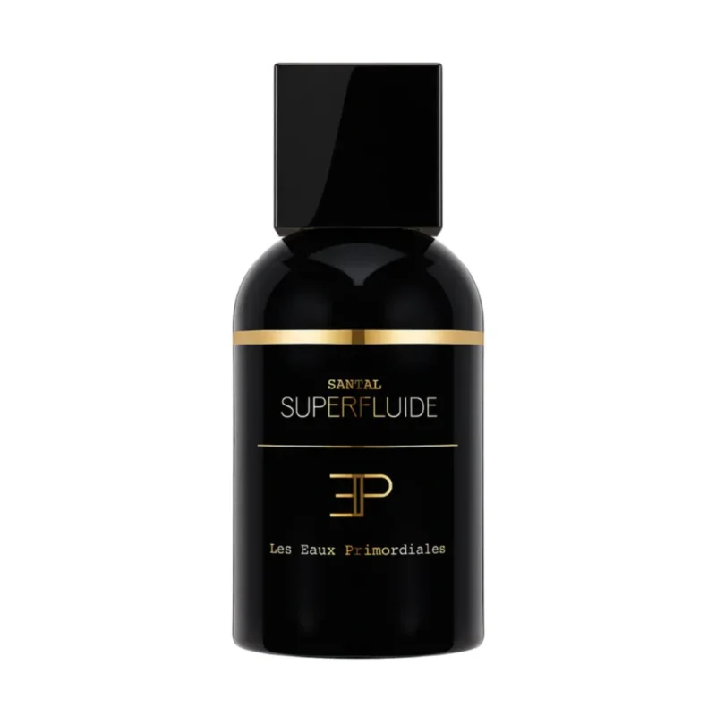 Les Eaux Primordiales - Santal Superfluide schwarzer Flakon mit goldener Linie und elegantem Verschluss vor weißem Hintergrund