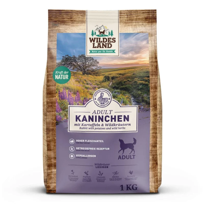 Wildes Land Hund Kaninchen mit Kartoffeln und Wildkräutern zoo-de