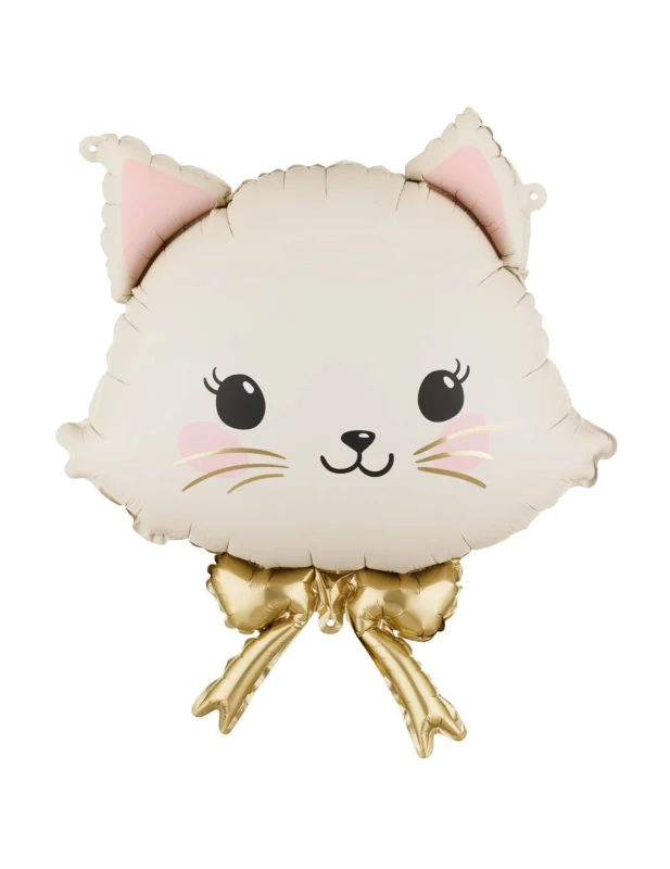 Ballon aluminium Chaton pour fête beige et doré avec nœud papillon