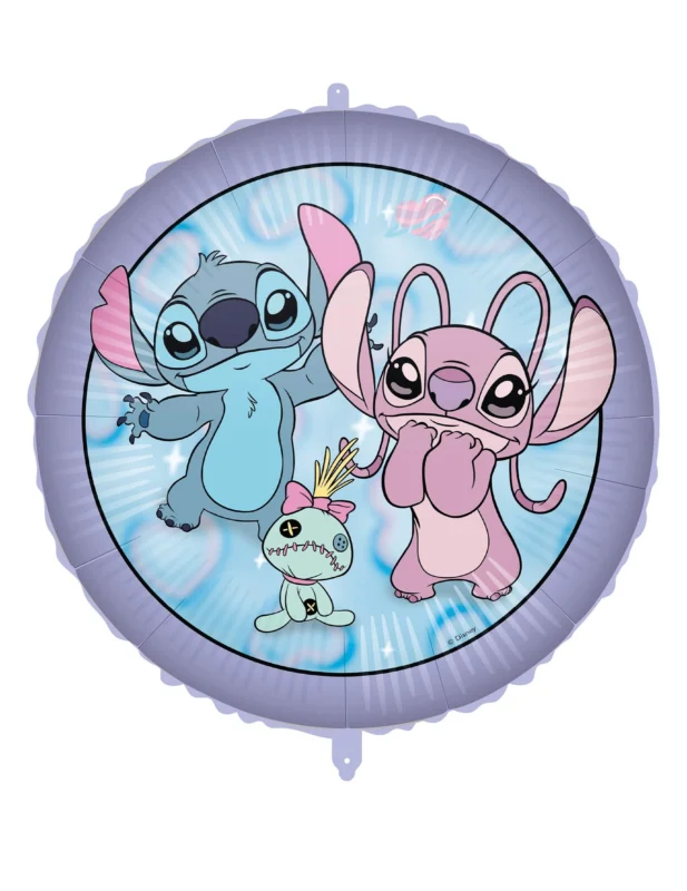 Ballon aluminium rond Angel et Stitch pour enfant bleu et violet avec Scrump
