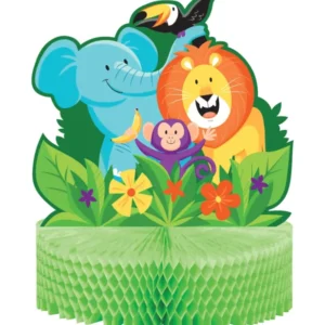 Centre de table en papier alvéolé jungle safari pour anniversaire vert avec animaux sauvages
