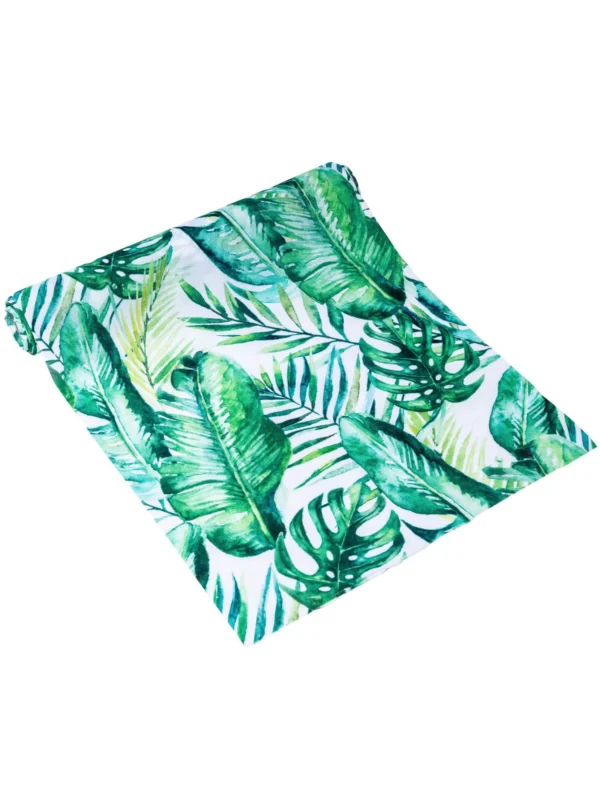 Chemin de table feuilles tropicales luxe pour mariage vert et blanc