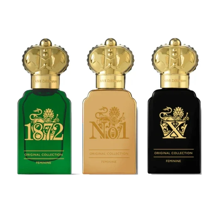 Clive Christian - Traveller Set for Women mit drei eleganten Parfumflakons in Grün, Beige und Schwarz mit goldfarbenem Verschluss