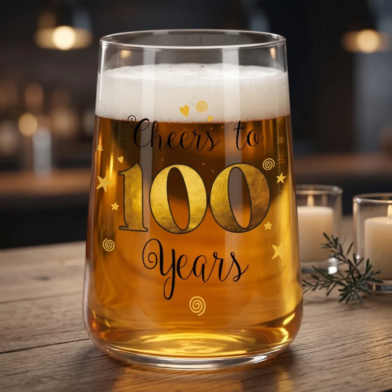 Bierglas zum 100. Geburtstag mit Schaumkrone, goldfarbener Zahl und festlichem Aufdruck