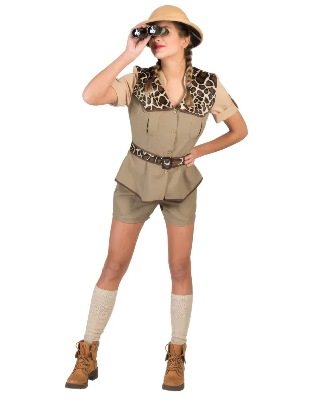 Déguisement aventurière safari pour femme beige à motifs girafe avec chapeau