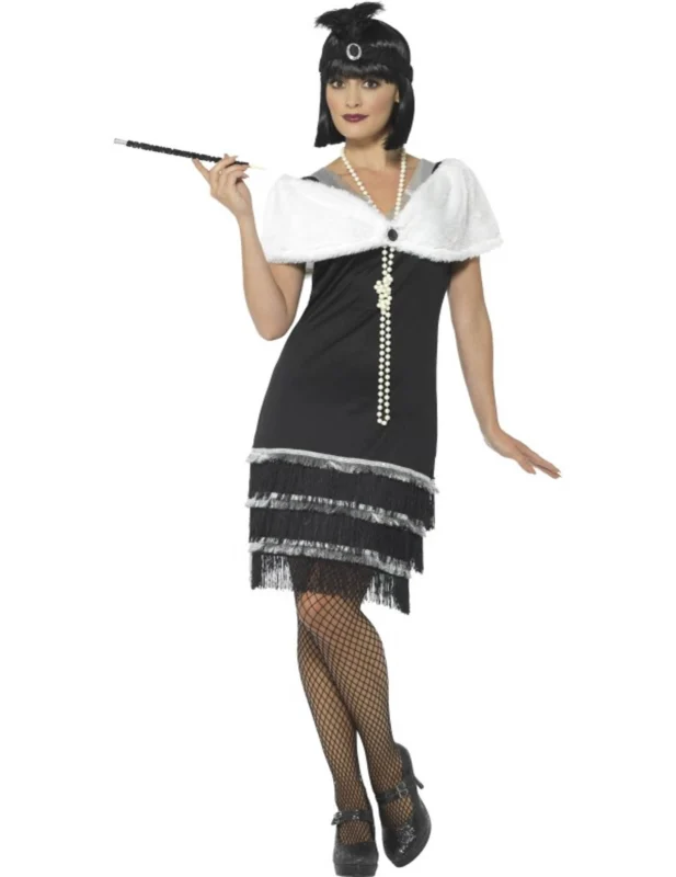 Déguisement charleston années 20 pour femme noir avec étole blanche