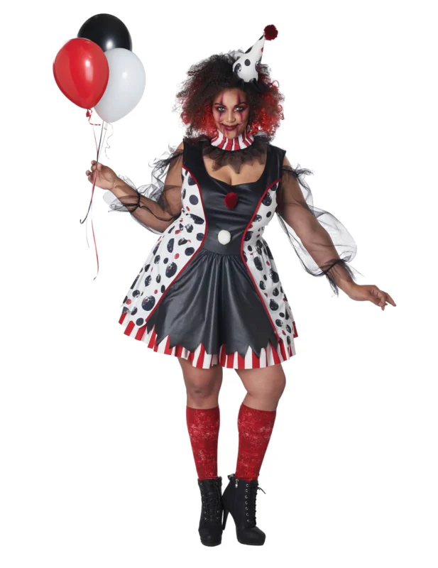 Déguisement clown psycho robe pour femme noir blanc et rouge à pois