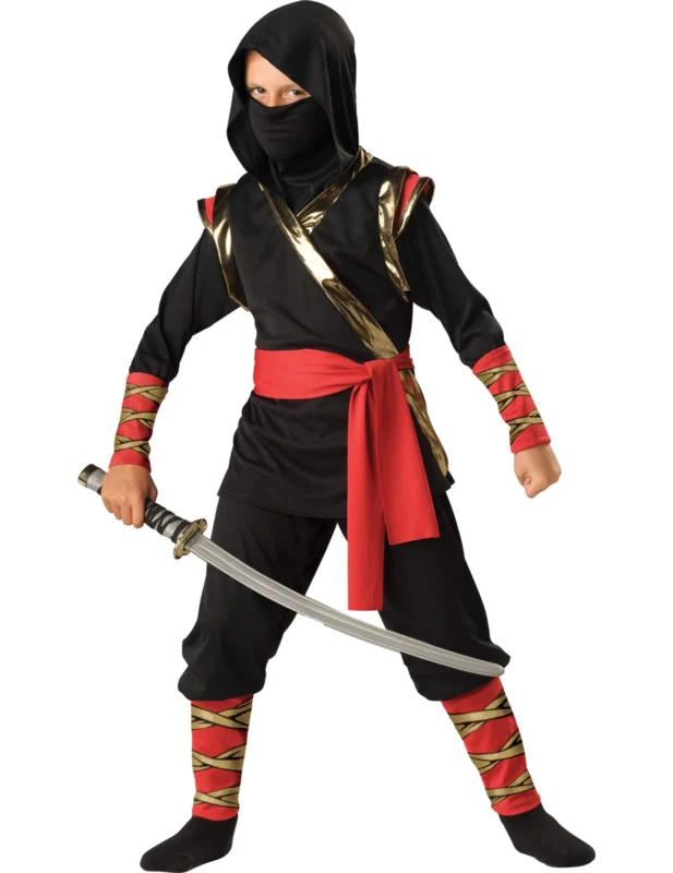 Déguisement ninja pour enfant noir rouge et or avec cagoule
