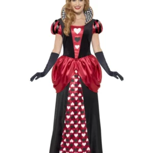 Déguisement reine de coeur pour femme long rouge et noir avec motifs cœurs et couronne