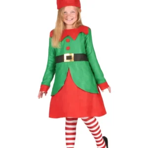 Déguisement robe elfe de Noël pour fille vert et rouge avec bonnet et collants rayés