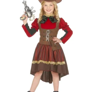 Déguisement steampunk luxe pour fille marron et rouge avec chapeau haut de forme