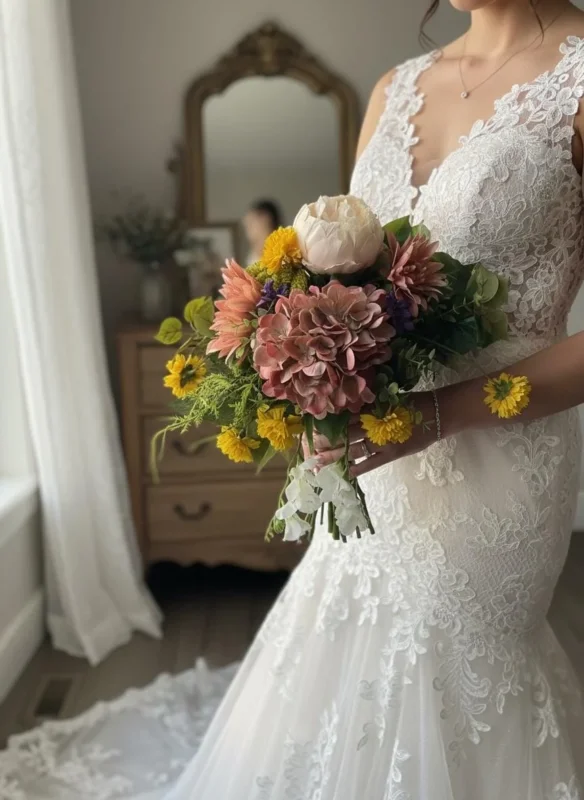 Boho Brautstrauß aus Kunstblumen – Bunter Hochzeitsstrauß in Rosa, Gelb & Creme | Handgebunden mit Seidenbandj - Kranzshop