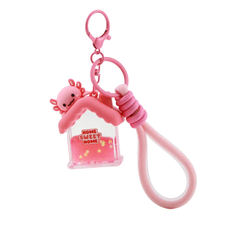 itotal Schlüsselanhänger Axolotl Haus, rosa Figur, Glitzer-Flüssigkeit, Karabiner, Kordel.
