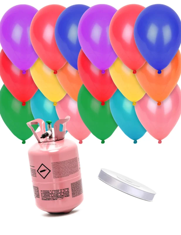 Heliumflaschen-Set mit 24 bunten Ballons und Band