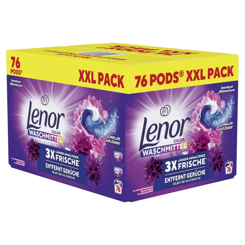 Lenor All in 1 PODS Colorwaschmittel Amethyst Blütentraum 1 Karton (2 Packungen × 38 Stück × 7 g)