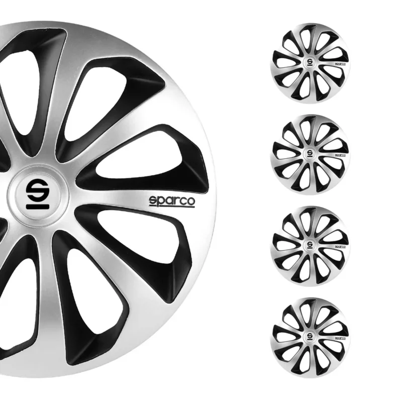 Radkappen Radzierblenden Sparco Sicilia 15" Zoll Abdeckung Set Silber Schwarz 4x