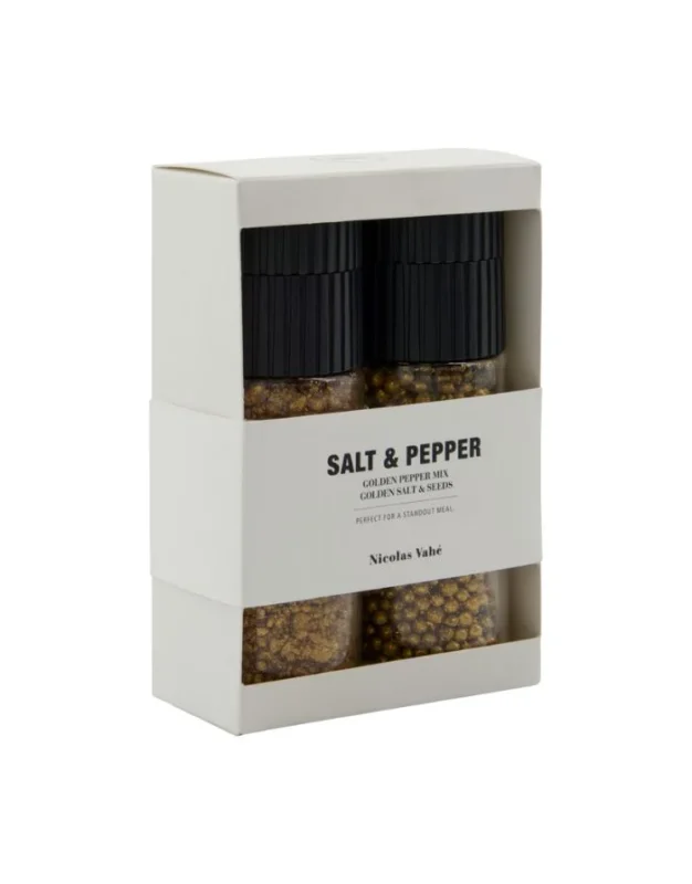 Nicolas Vahé Geschenkbox Golden Mix mit goldener Pfeffermischung und goldenem Salz-Saaten-Mix.